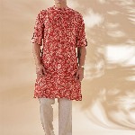 Taavi Paisley Printed Band Collar Pure Cotton Long Straight Kurta