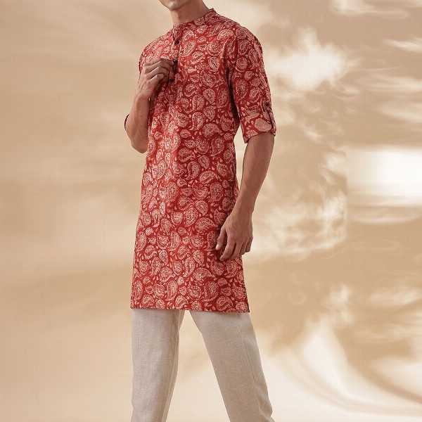 Taavi Paisley Printed Band Collar Pure Cotton Long Straight Kurta