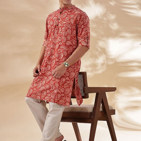 Taavi Paisley Printed Band Collar Pure Cotton Long Straight Kurta
