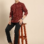 Anouk Men Red & Cream-Coloured Ethnic Motifs Printed Pure Cotton Short Kurta