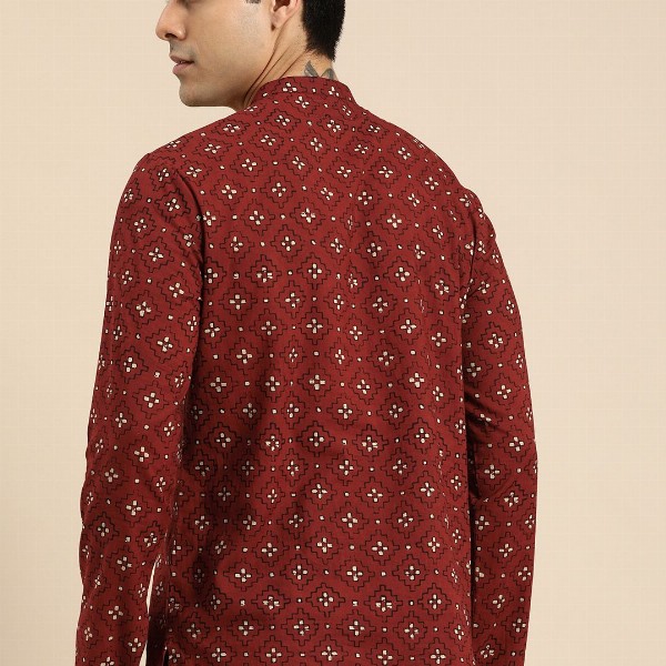 Anouk Men Red & Cream-Coloured Ethnic Motifs Printed Pure Cotton Short Kurta