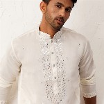 Jompers Floral Embroidered Mirror Work Mandarin Collar Cotton Silk Straight Kurta