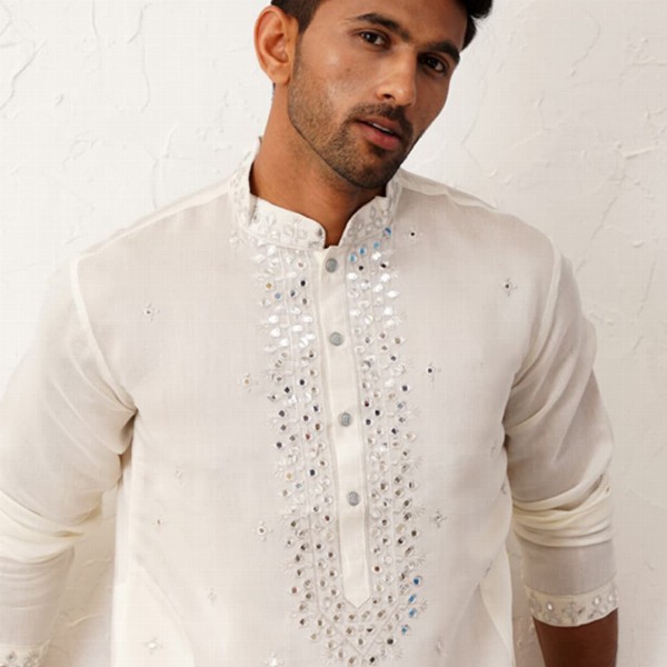 Jompers Floral Embroidered Mirror Work Mandarin Collar Cotton Silk Straight Kurta