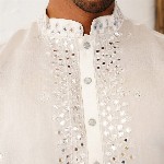 Jompers Floral Embroidered Mirror Work Mandarin Collar Cotton Silk Straight Kurta