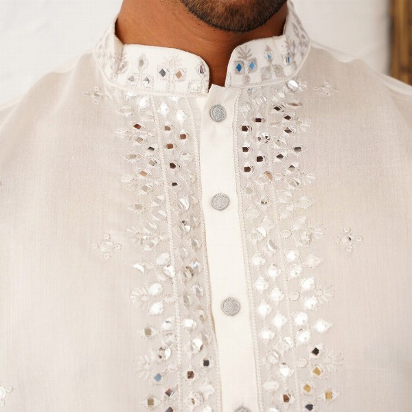 Jompers Floral Embroidered Mirror Work Mandarin Collar Cotton Silk Straight Kurta