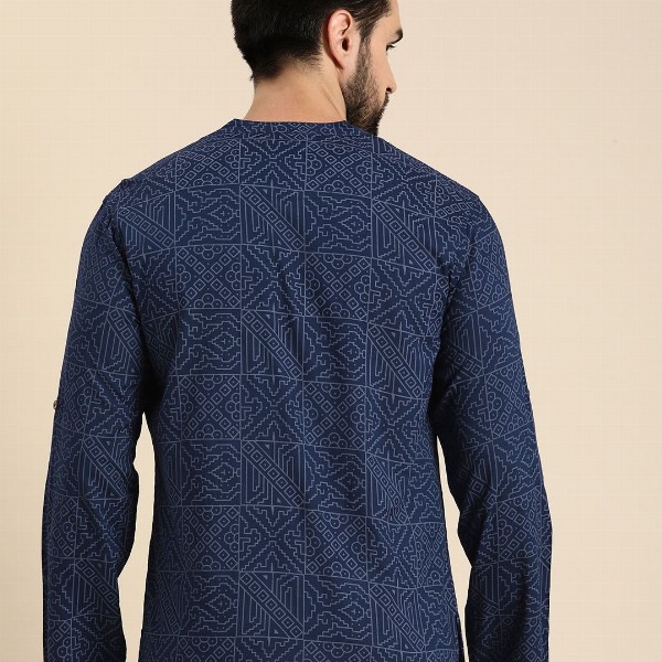 Anouk Men Geometric Printed Cotton Indigo Short Kurta