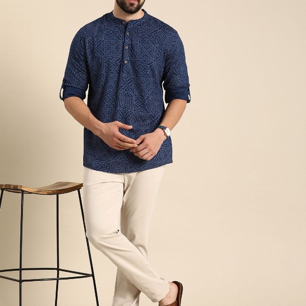 Anouk Men Geometric Printed Cotton Indigo Short Kurta