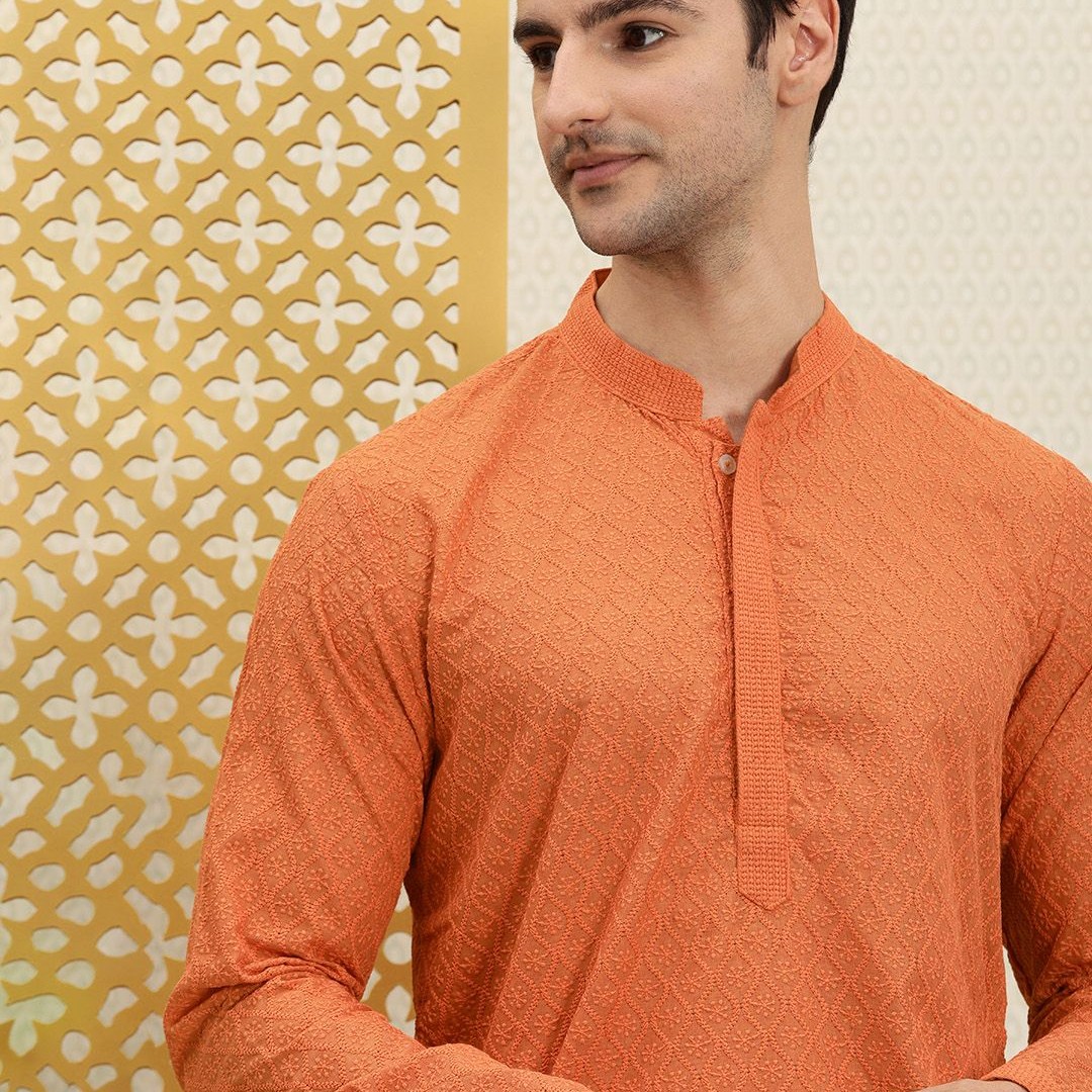 House of Pataudi Men Orange Jashn Chikankari Embroidered Kurta