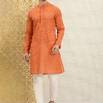 House of Pataudi Men Orange Jashn Chikankari Embroidered Kurta