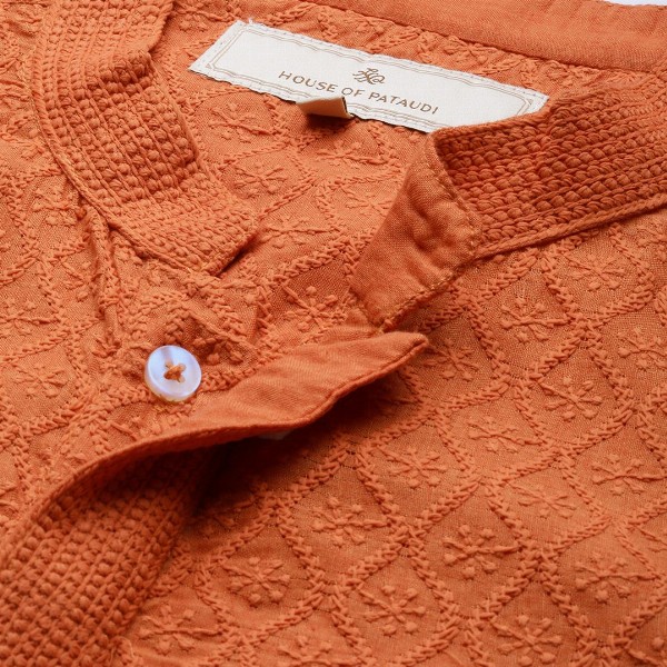 House of Pataudi Men Orange Jashn Chikankari Embroidered Kurta