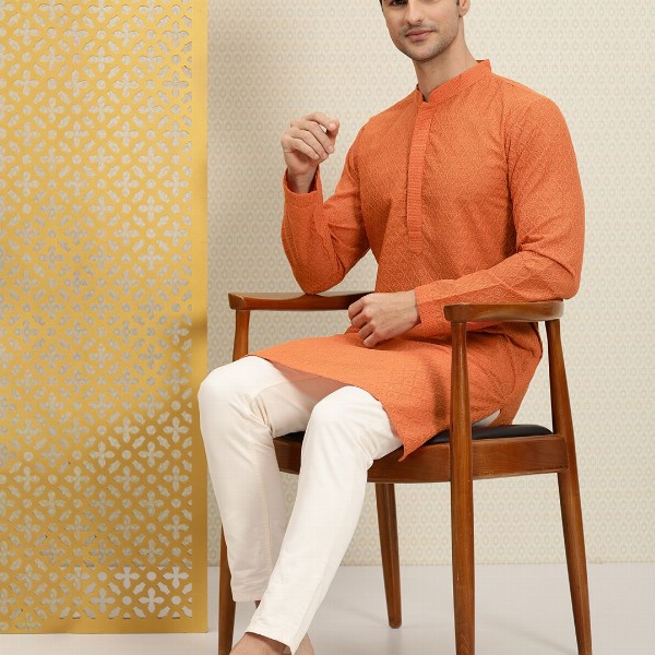 House of Pataudi Men Orange Jashn Chikankari Embroidered Kurta
