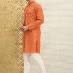 House of Pataudi Men Orange Jashn Chikankari Embroidered Kurta