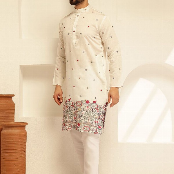 SOJANYA Floral Embroidered Mandarin Collar Thread Work Cotton Silk Straight Kurta