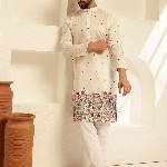 SOJANYA Floral Embroidered Mandarin Collar Thread Work Cotton Silk Straight Kurta