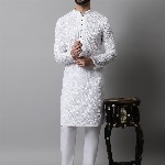 Jompers Men White Cotton Embroidered Chikankari Kurta