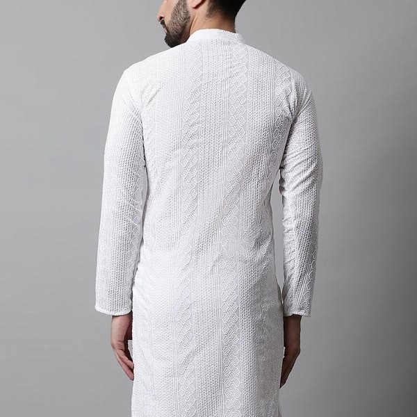Jompers Men White Cotton Embroidered Chikankari Kurta
