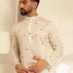 SOJANYA Floral Embroidered Mandarin Collar Thread Work Cotton Silk Straight Kurta