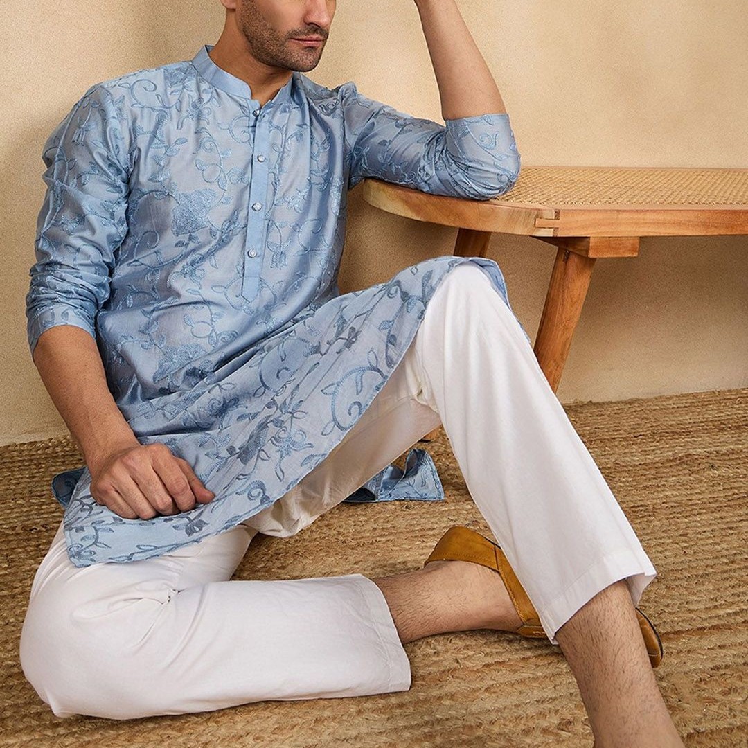 House of Pataudi Floral Embroidered Thread Work Mandarin Collar Straight Kurta