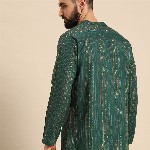 Anouk Men Green & Gold-Toned Striped Thread Work Straight Short Kurta