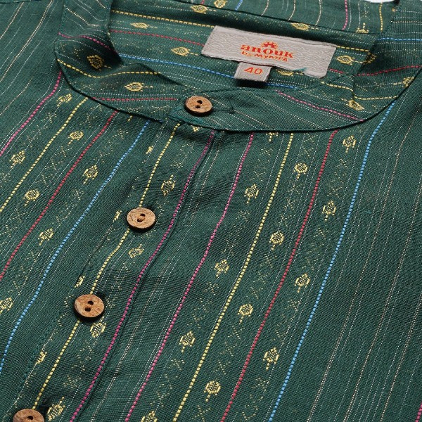 Anouk Men Green & Gold-Toned Striped Thread Work Straight Short Kurta