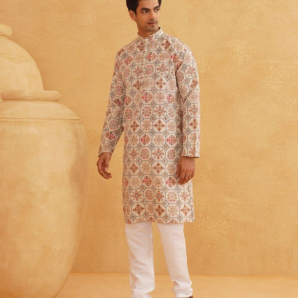 SOJANYA Men Cream-Coloured Geometric Printed Kurta