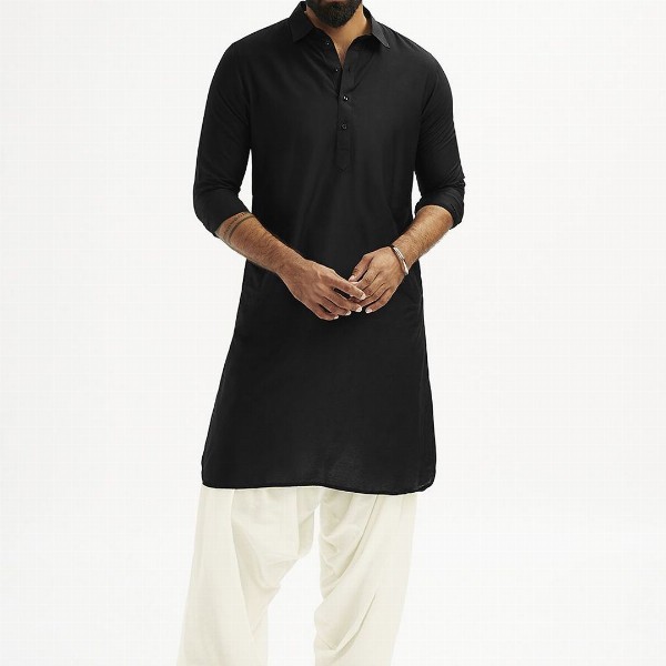 VASTRAMAY Shirt Collar Long Roll-Up Sleeves Regular Pathani Kurta