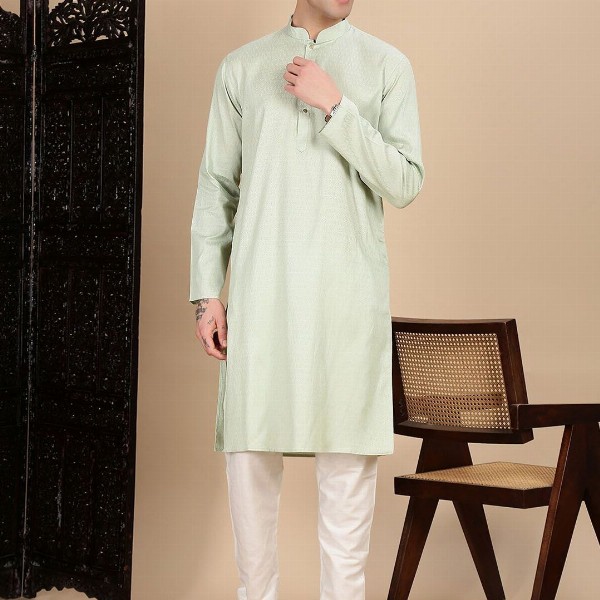 House of Pataudi Textured Mandarin Collar Cotton Straight Kurta