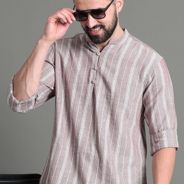 HERE&NOW Striped Mandarin Collar Long Sleeves Cotton A-Line Short Kurta