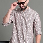 HERE&NOW Striped Mandarin Collar Long Sleeves Cotton A-Line Short Kurta