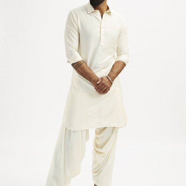 VASTRAMAY Shirt Collar Long Roll-Up Sleeves Regular Pathani Kurta