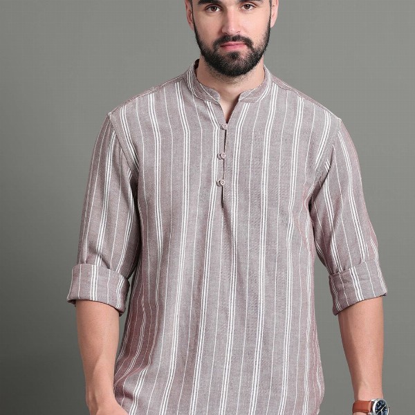 HERE&NOW Striped Mandarin Collar Long Sleeves Cotton A-Line Short Kurta