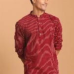 VASTRAMAY Striped Mandarin Collar Cotton Straight Kurta