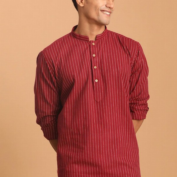 VASTRAMAY Striped Mandarin Collar Cotton Straight Kurta