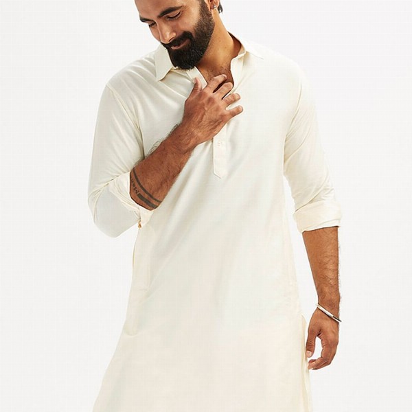 VASTRAMAY Shirt Collar Long Roll-Up Sleeves Regular Pathani Kurta