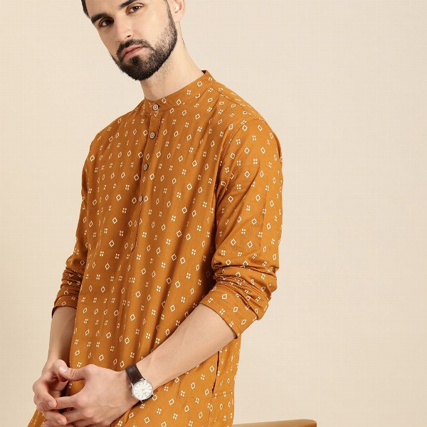 Anouk Men Mustard Yellow & White Geometric Printed Kurta