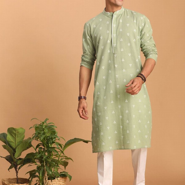 VASTRAMAY Geometric Woven Design Jacquard Cotton Sustainable Kurta