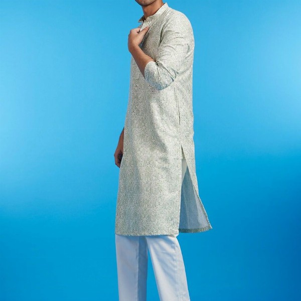 Diwas by Manyavar Ethnic Motifs Printed & Sequinned Mandarin Collar Cotton Straight Kurta