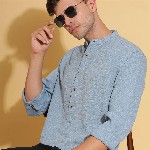 HERE&NOW Band Collar Cuffed Sleeves Straight Short Kurta