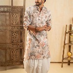 Shasak Floral Foil Printed Pastel Mandarin Collar Straight Cotton Kurta