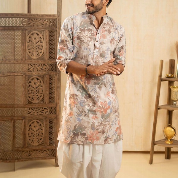 Shasak Floral Foil Printed Pastel Mandarin Collar Straight Cotton Kurta