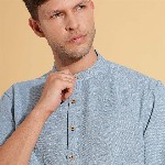 HERE&NOW Band Collar Cuffed Sleeves Straight Short Kurta