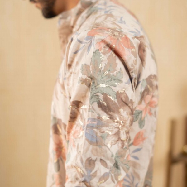 Shasak Floral Foil Printed Pastel Mandarin Collar Straight Cotton Kurta