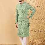 House of Pataudi Embroidered Sequinned Mandarin Collar Straight Kurta