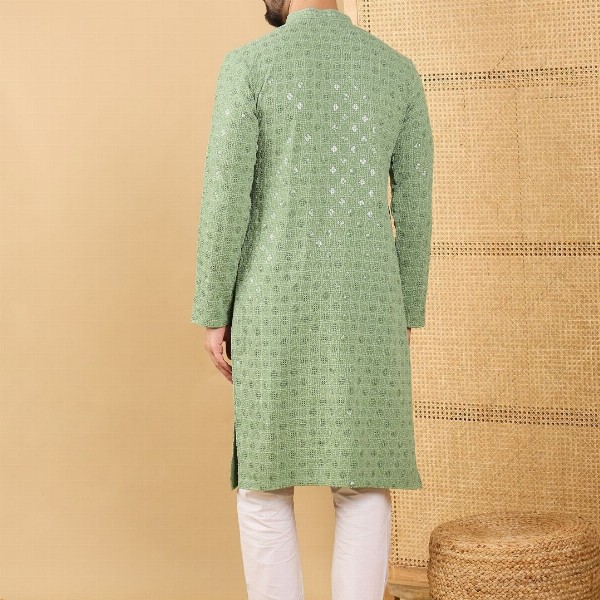 House of Pataudi Embroidered Sequinned Mandarin Collar Straight Kurta