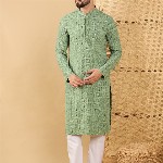 House of Pataudi Embroidered Sequinned Mandarin Collar Straight Kurta
