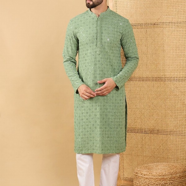 House of Pataudi Embroidered Sequinned Mandarin Collar Straight Kurta