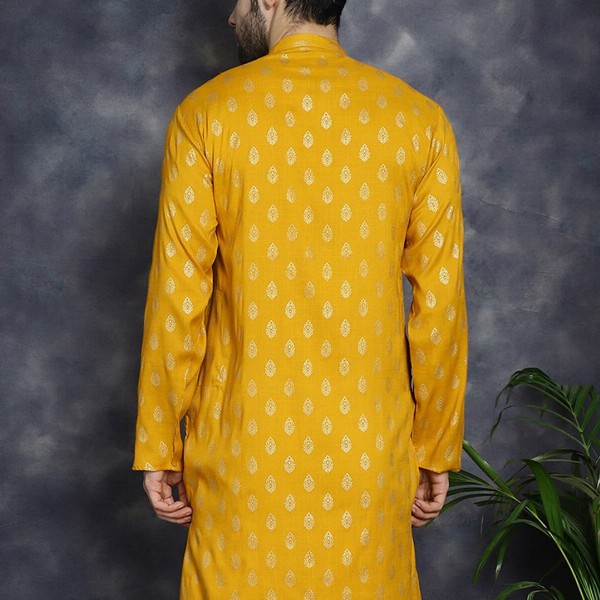 Anouk Mustard Yellow Ethnic Motifs Printed Band Collar Straight Kurta