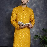 Anouk Mustard Yellow Ethnic Motifs Printed Band Collar Straight Kurta