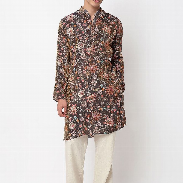 BELLAZO Men Floral Printed Screen Print Festive Cotton Straight Kurta
