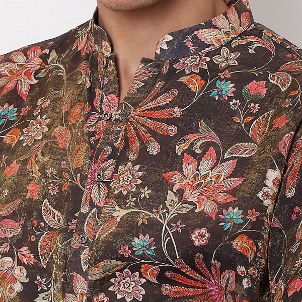 BELLAZO Men Floral Printed Screen Print Festive Cotton Straight Kurta